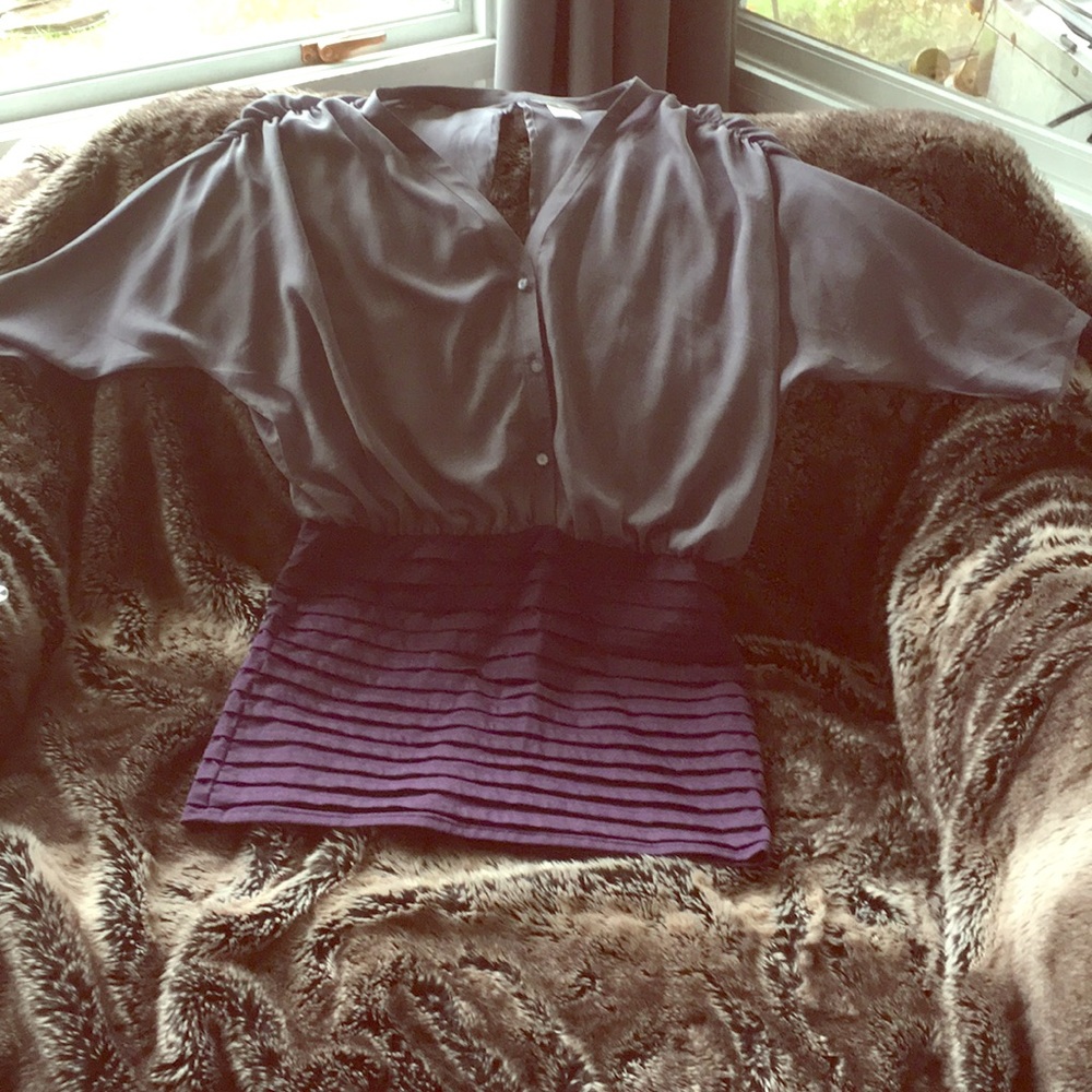 Open back gray blouse and purple mini dress